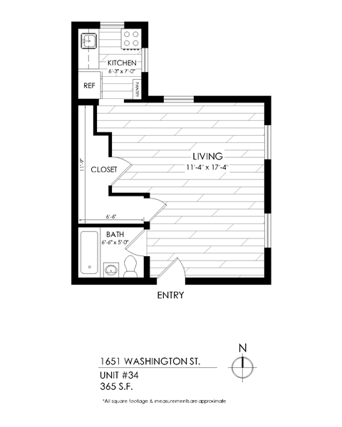 A drawing of a floor plan for a unit at 1651 Washington St, Unit #34.